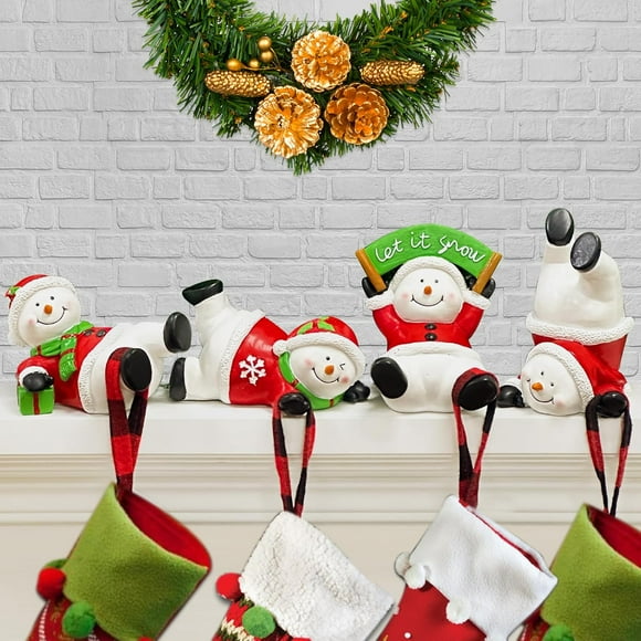 Mantel Stocking Holder Set 4 Piece Merry Christmas Resin Snowman Mantel Stocking Holder Weighted Fireplace Stocking Hook Snowman Figurine Christmas Decorations White