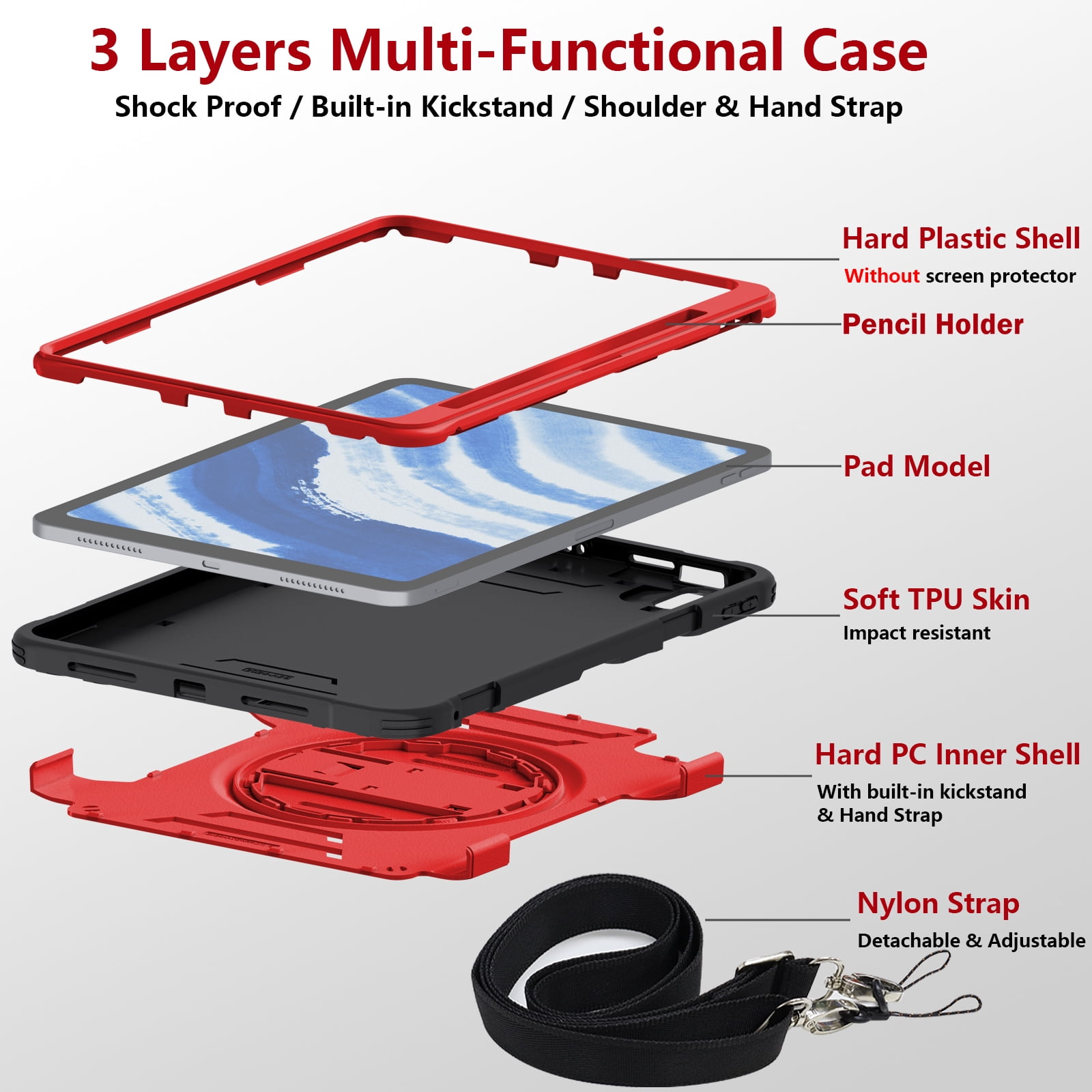 Case for Apple iPad Air 11 Inch 2026/2025/2024 M4 M3 M2, with Pencil Holder Military Grade Protection Rotating Stand Hand Strap Shoulder Strap Bumper Rugged Case for iPad Air 11",Red