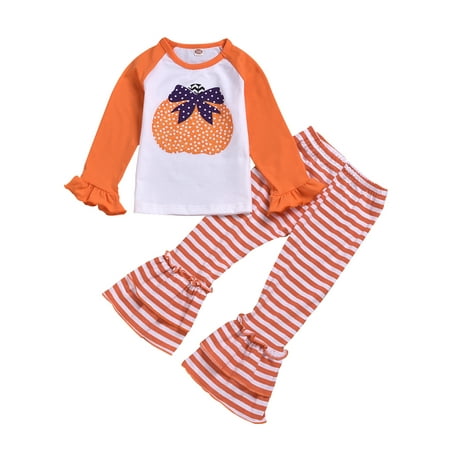 

Cathery 2PCS Toddler Kids Girl Halloween Outfits Pumpkin Printed Long Sleeve T-Shirts Tops+Ruffled Long Pants Costume