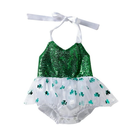 

Calsunbaby Infant Baby Girls Romper Dress Sequins Green Clover Print Sleeveless Halter Bodysuit Cute Backless One-Piece Clothes