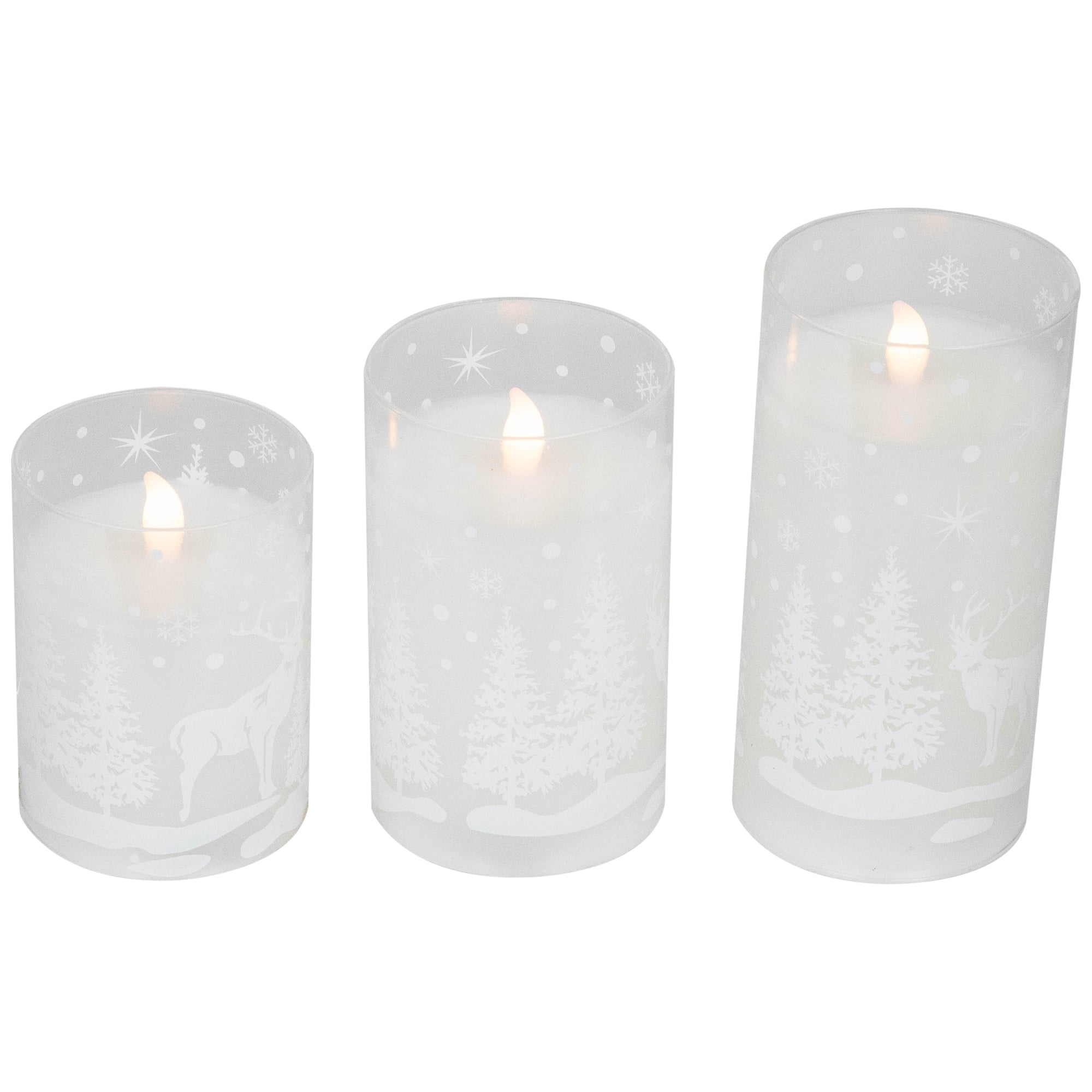 Northlight LED Flameless Flickering Snowy Woodland Glass Christmas Pillar Candles - 6" - Set of 3