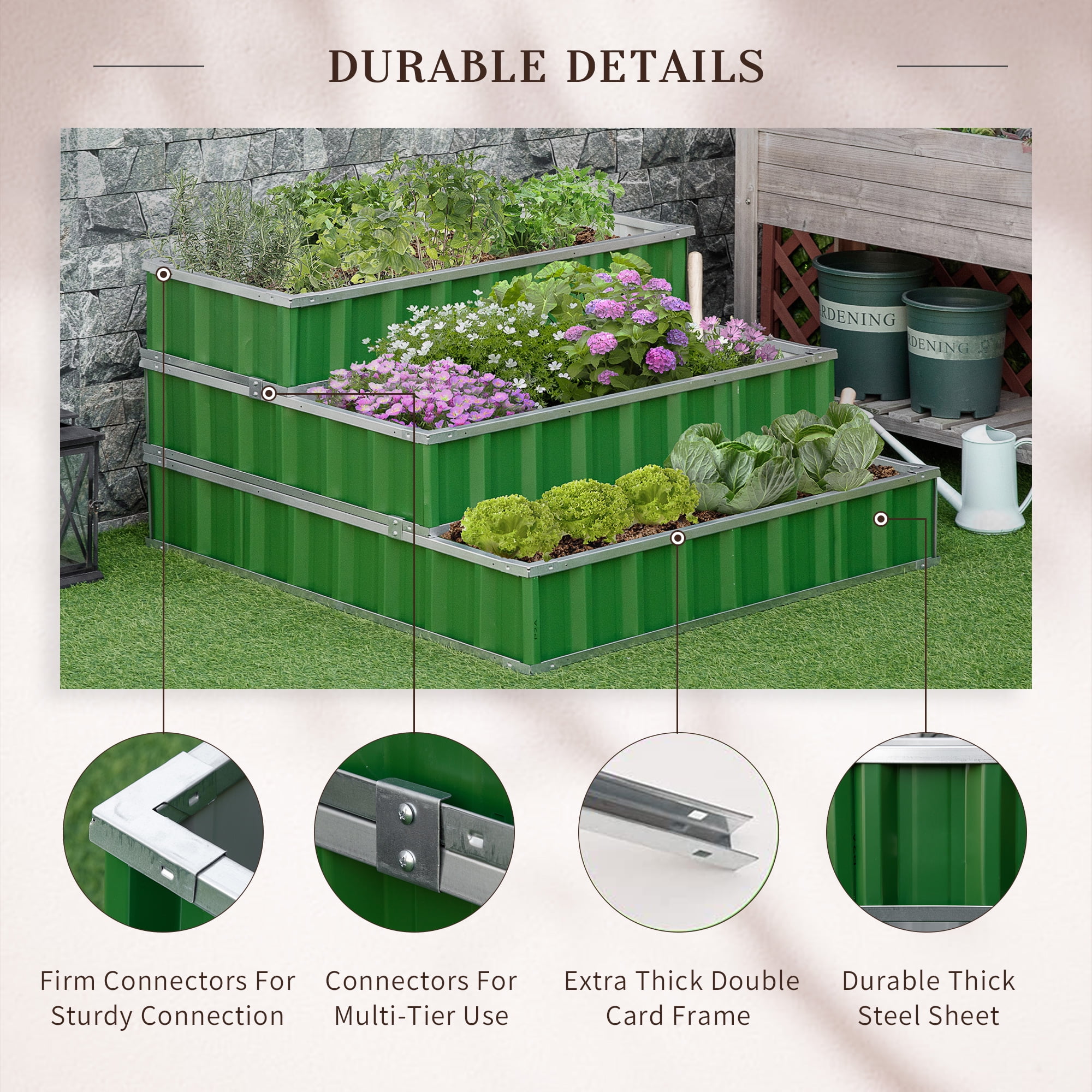 Outsunny 3 Tier Raised Garden Bed Color Steel Raised Garden Bed w/ Pair of  Glove 47''x 47''x 25'' for Backyard, Patio to Grow Vegetables, Herbs, and  Flowers, Green - Walmart Business Supplies, image size:2000x2000