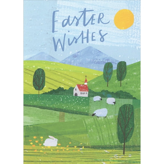 RSVP Hilly Countryside with White Church, Trees, Sheep and a Rabbit Easter Card