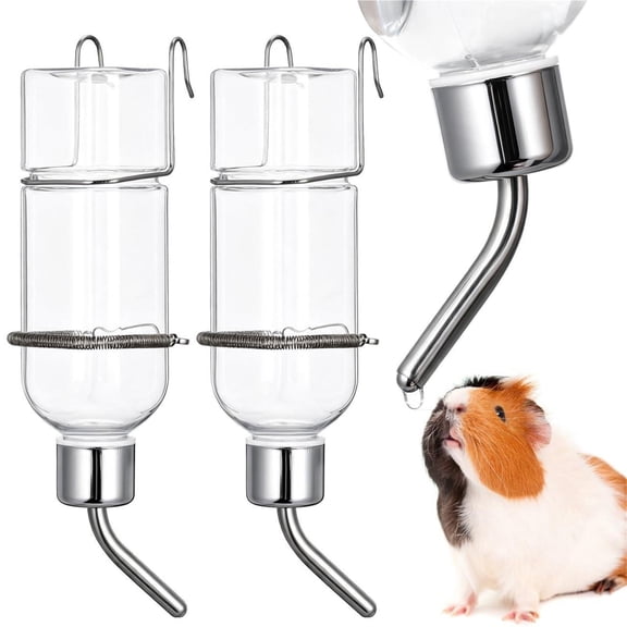 Nextone Guinea Pig Water Bottle 2 Pcs, Hanging Small Animal Water Dispenser with Stainless Steel Drinking Tube for Rabbits, Hamsters and Ferrets, Transparent