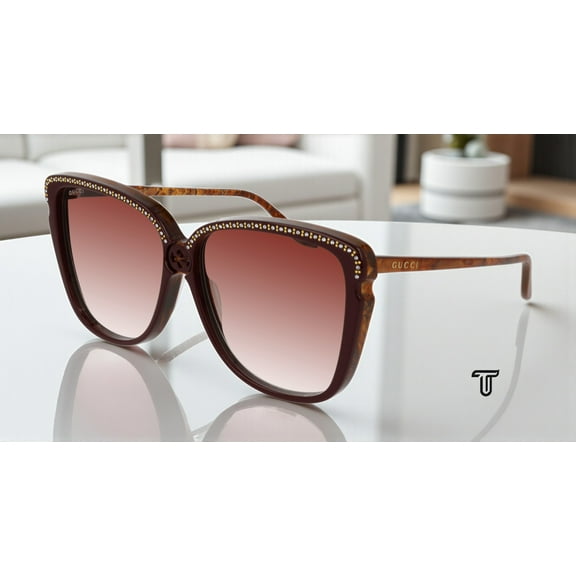 GUCCI GG0709S 005 Square Acetate Burgundy Shiny Brn Red 63 mm Women's Sunglasses