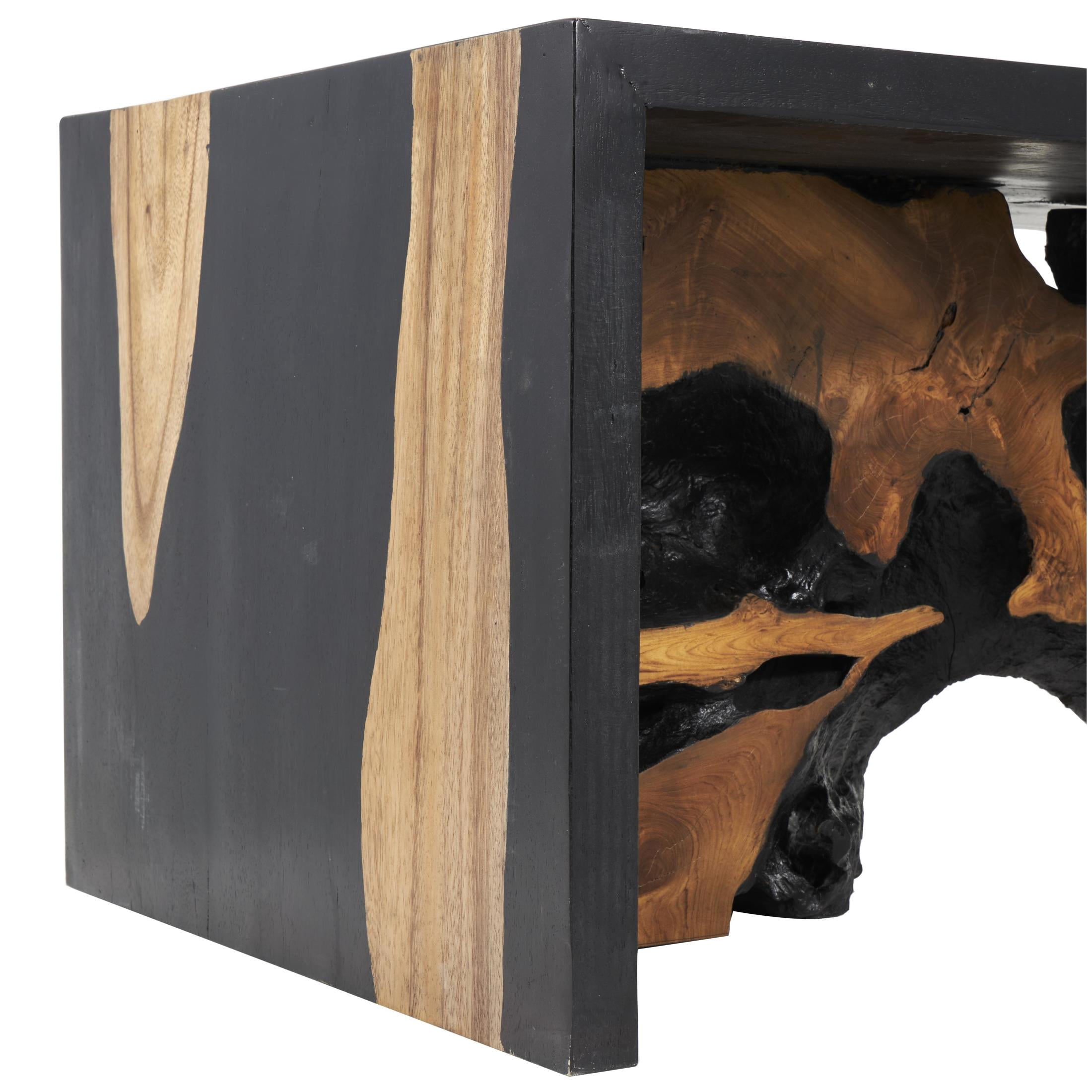 DecMode 43" x 20" Black Wood Handmade Block Coffee Table with Brown Live Edge Wood Interior, 1-Piece
