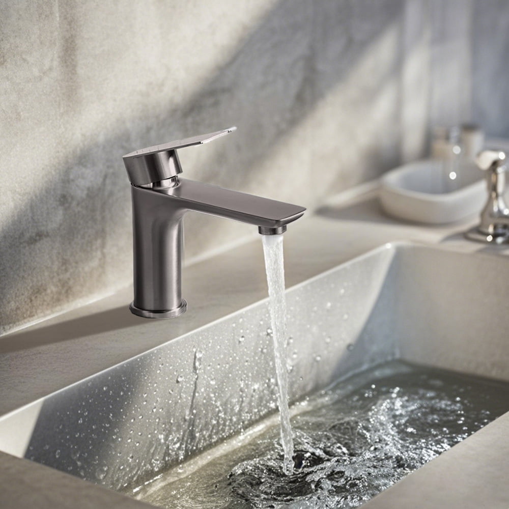 Bathroom Faucet Stainless Steel Hot & Cold Water Mixer Taps Single Hole Basin Vanity Modern Basin Faucet, Gray