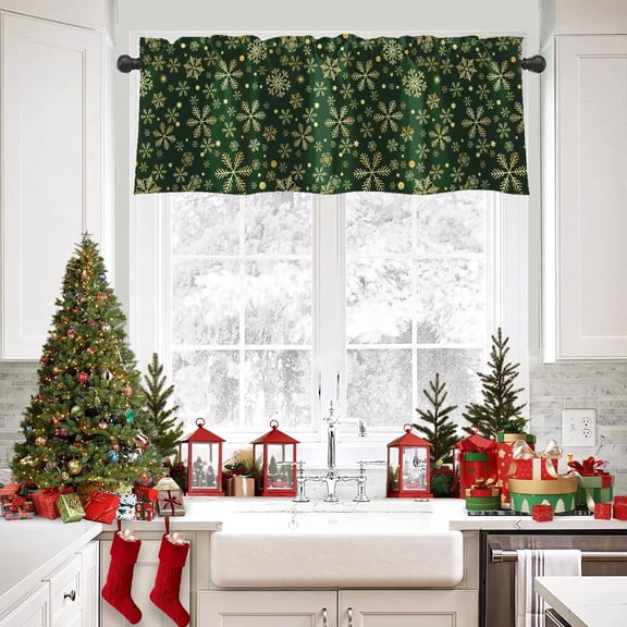 Christmas Valances Window Treatments, Golden Snowflakes on Green Background Blackout Drapes Adjustable Curtain Valances for Kitchen Over Sink,18x52 Inch Rod Pocket Valances