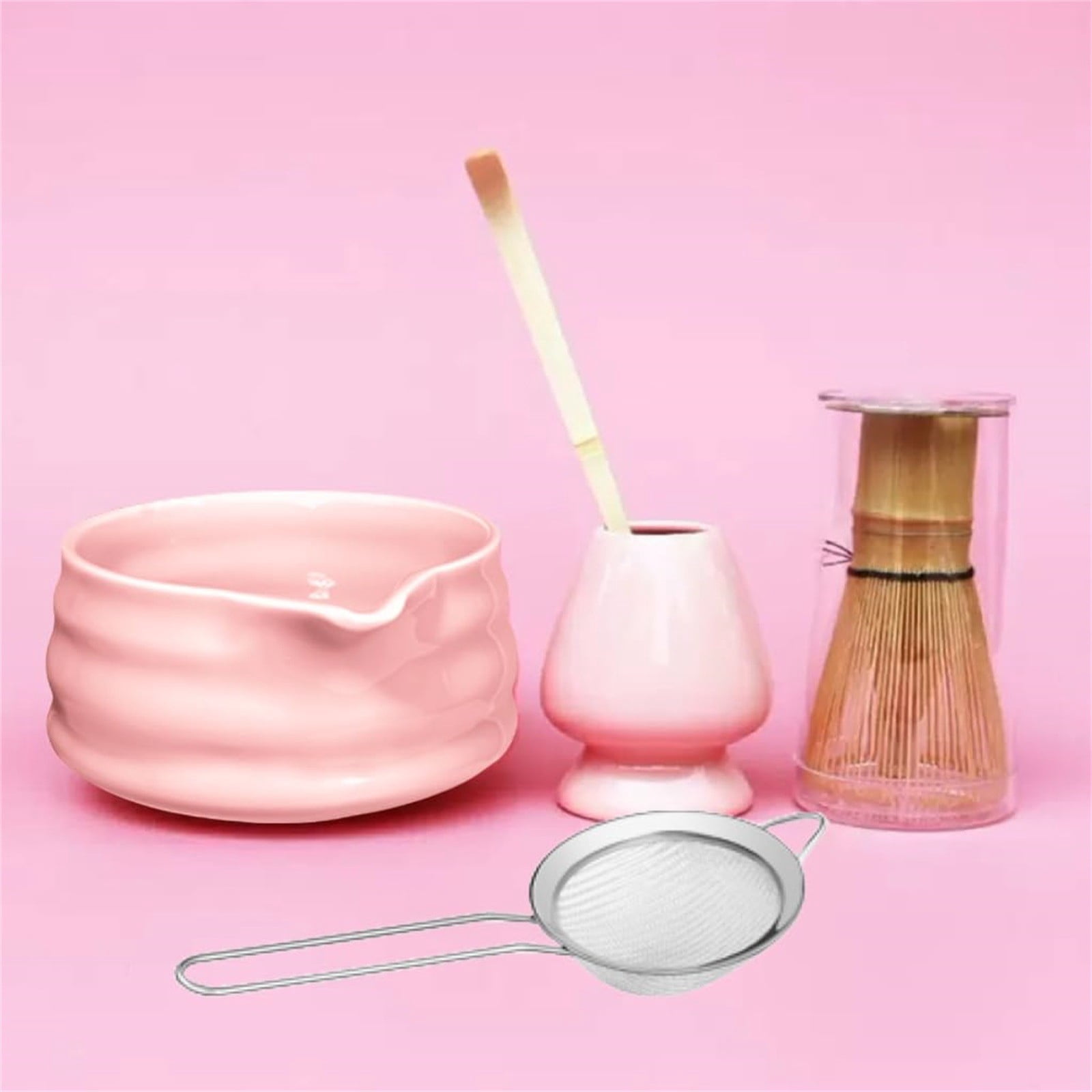 XINGXIANG Cute Pink Matcha Whisk Set 5-Piece,Matcha Sifter with Bowl, Bamboo Whisk & Holder, Strainer, Scoop, Chasen Chawan for Matcha Tea Powder Starter Kit, Traditional Ceramic Tools