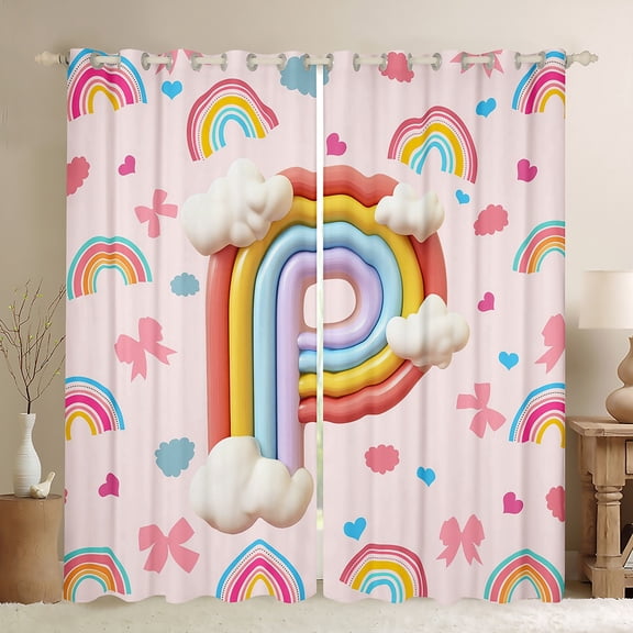 Manfei Letter P Monogrammed Black Out Curtains,Cute Bowtie Bow Curtains Pack of 2 (42x63 Each),Colorful Rainbow Stripes Bedroom Curtains For Girl,Microfiber Room Decorative