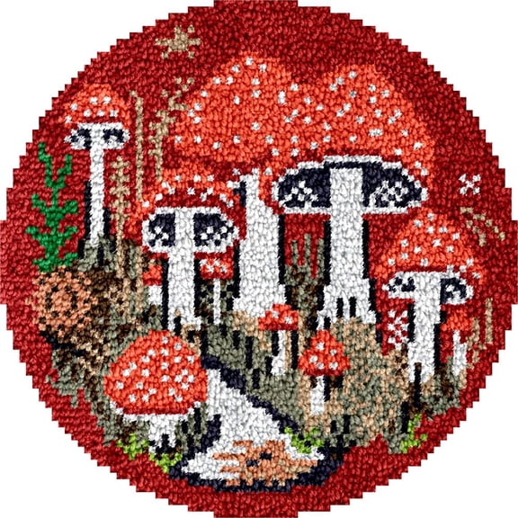 Mushrooms Latch Hook Round Rug Kits Set for Starter Crochet Handmade Hooking Cushion Mat Sofa Seat Cushion Crocheting Kits with Preprinted Canvas Crochet Yarn Kits 50X50CM (r40)