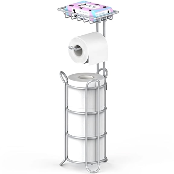 stusgoToilet Paper Holder Free Standing with Top Shelf for Phone & Storage (Silver)