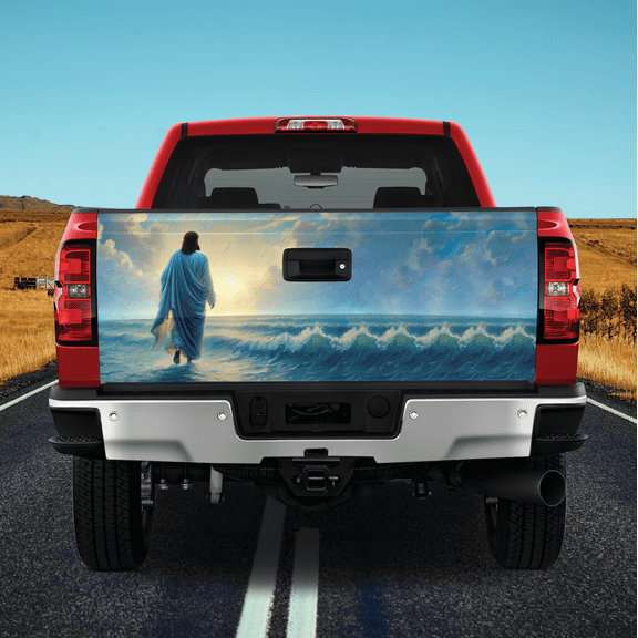Lotusprinthandmade Miracle Jesus Walking on Christian Art Tailgate Wrap 2 Sizes (24"x58"), Faith-Based Truck Wrap, Religious-Themed Tailgate Wrap