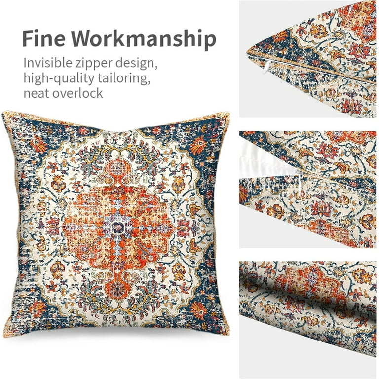 HYZUIMEI Boho Throw Pillow Covers 18x18 Inch - Set Of 2, Orange Blue Vintage Carpet Pattern, Cotton Blend