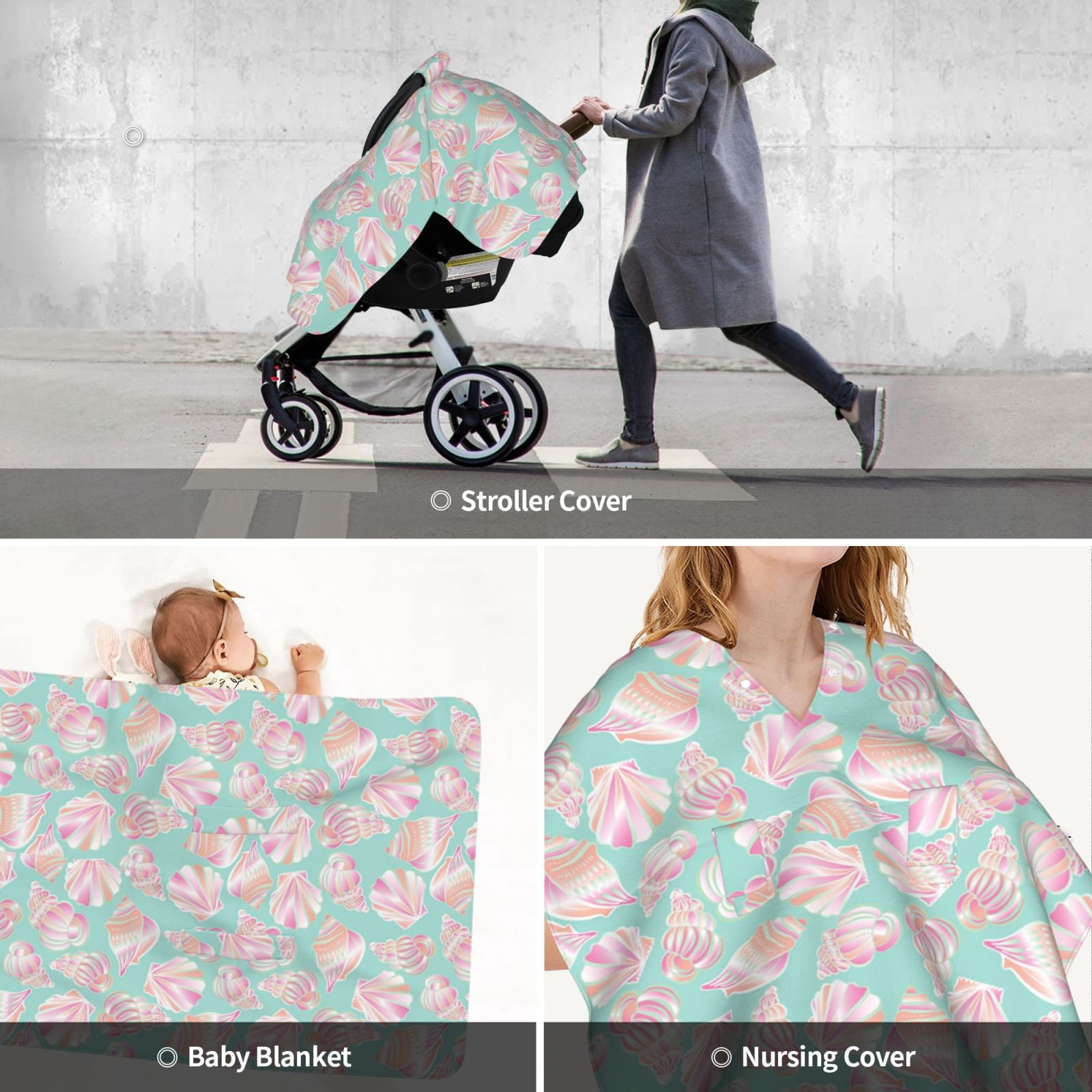 Car Seat Cover Baby - Conch Shells Print No.9023 Breathable Infant Car Seat Cover for Baby Carseat, Lightweight Comfort Baby Essentials Must Haves Newborn Stuff for Girl Boy
