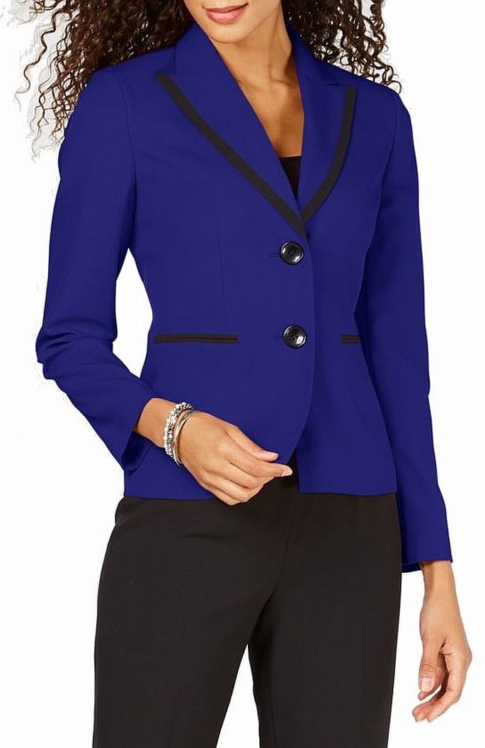Le Suit Womens Blazer Black Peak Lapel Contrast Trim 6
