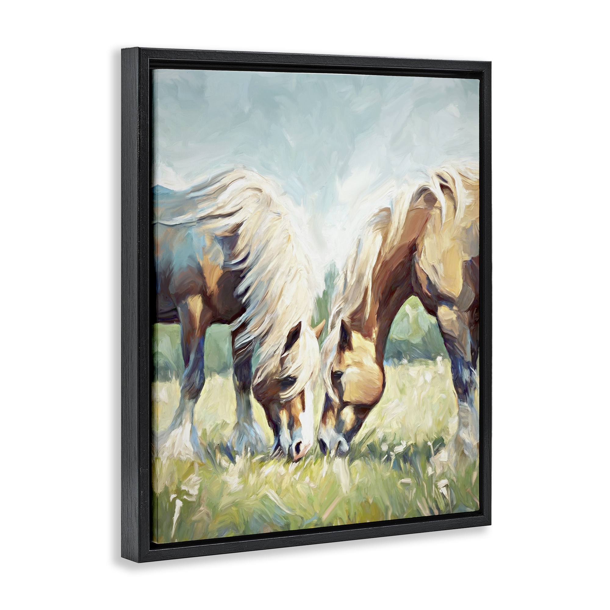 Stupell Industries Horses Grazing Together Animals & Insects Painting Black Floater Framed Canvas Art Print Wall Art, 17 x 21