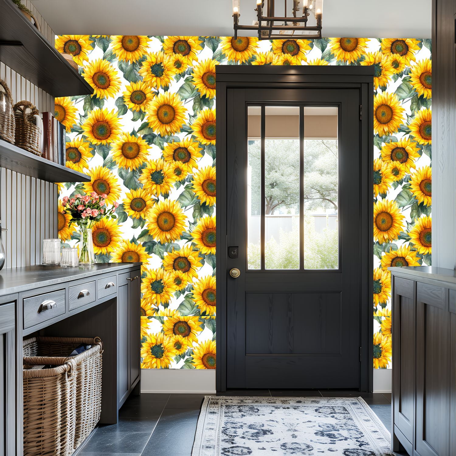 Peel and Stick Wallpaper 17.7in x 9.8ft Sunflower Vibrant Yellow Petals Green Leaves Contact Paper Vinyl Self-Adhesive Removable Wall Paper for Bedroom DIY Home Decor Renter Friendly