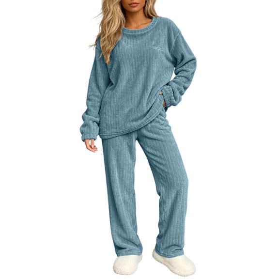 ABSUYY Womens 2 Piece Lounge Set Oversized Fleece Long Sleeve Crew Neck Straight Leg Pants Loungewear Blue,Size Free Size