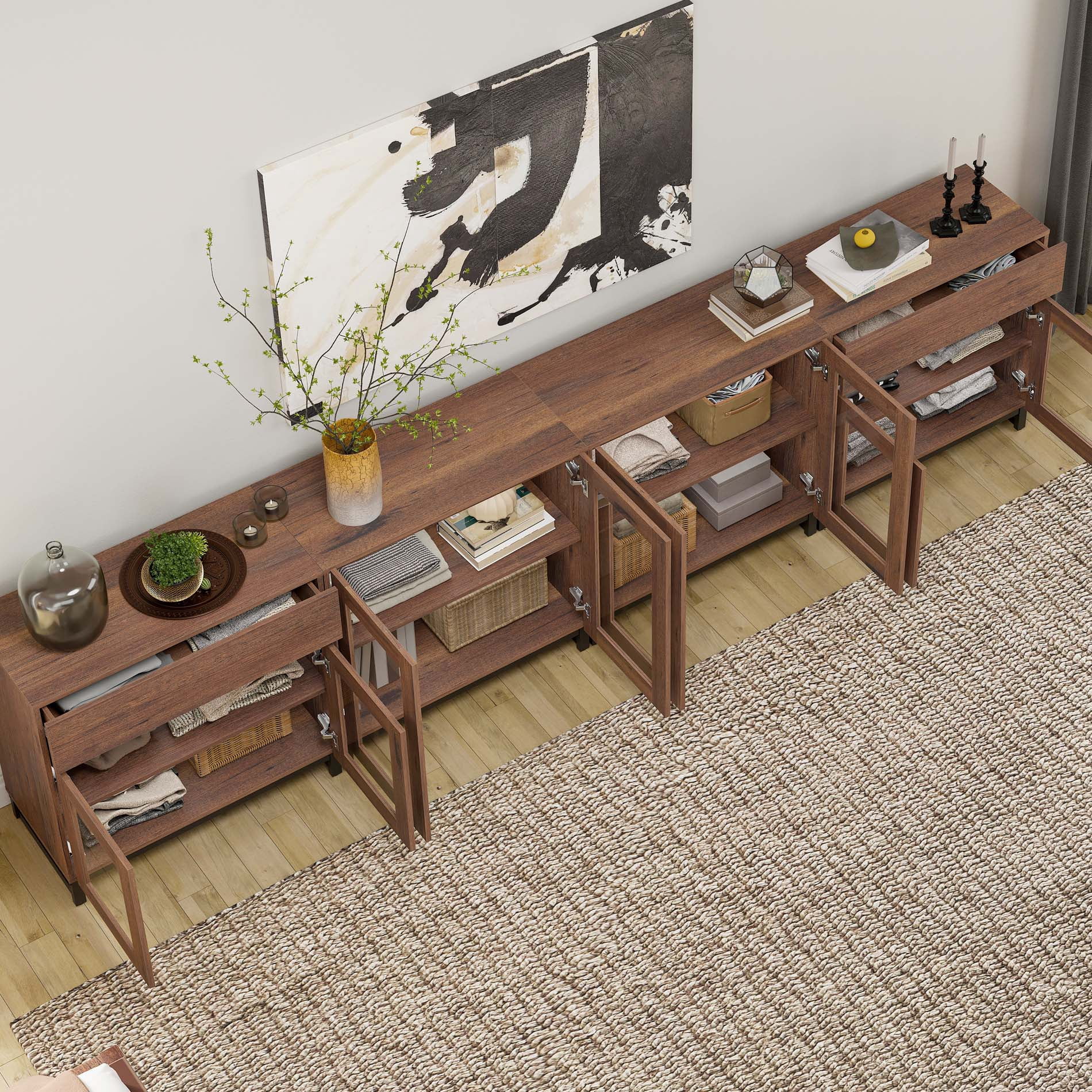 4 In 1 Multifunctional Dresser with Glass Doors & 2 Drawers, Modern Storage Chest with Adjustable Shelf, Closet Organizer Storage Cabinet for Bedroom Home Use,Brown