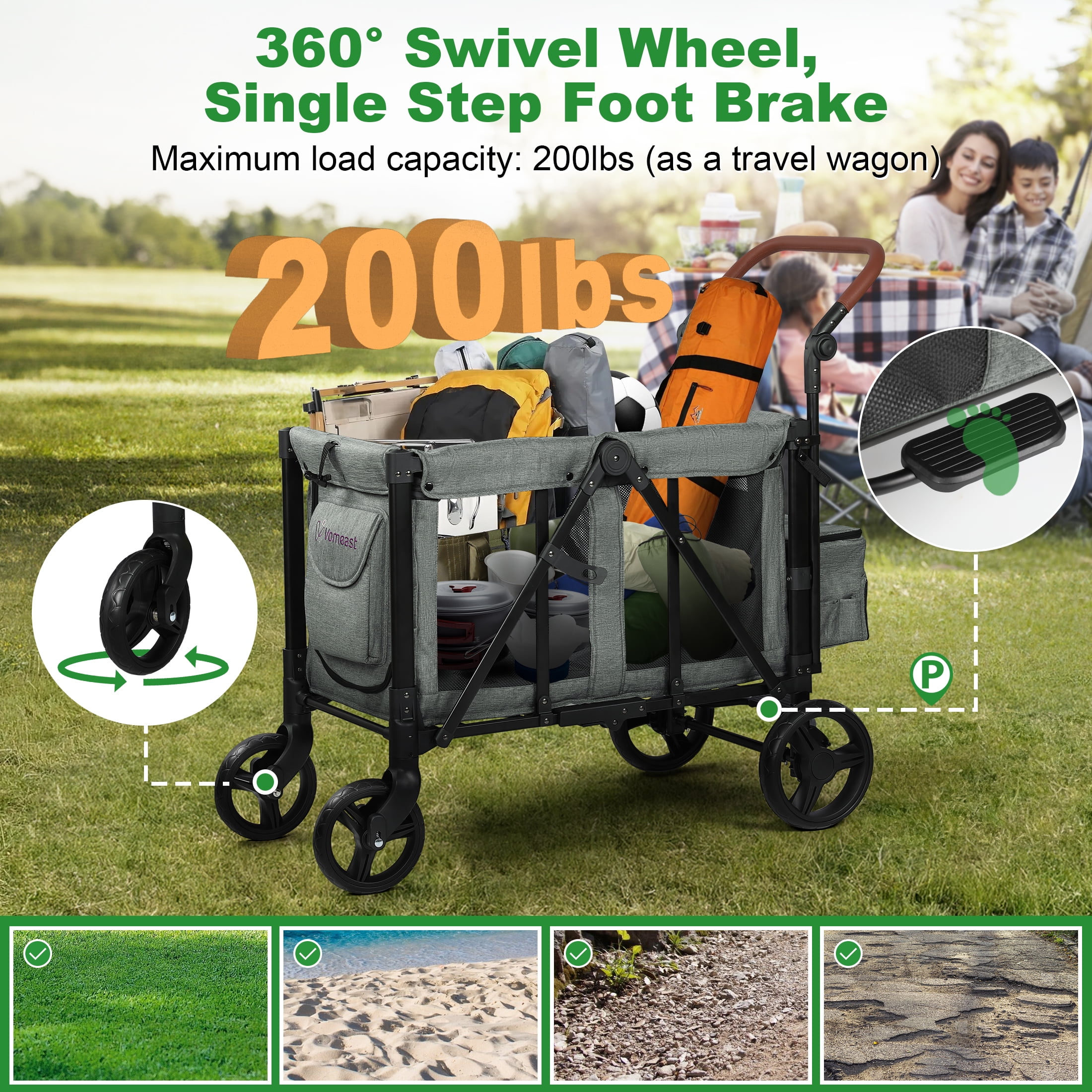 Vomeast Wagon Stroller for 2 Kids, 3-in-1 Outdoor Baby Stroller Wagon with Canopy, 5-Point Harness, Adjustable Handlebars, Removable Seat for Toddlers, Grey Vomeast Wagon Stroller for 2 Kids, 3-in-1 Outdoor Baby Stroller Wagon with Canopy, 5-Point Harness, Adjustable Handlebars, Removable Seat for Toddlers, Grey - Image 6