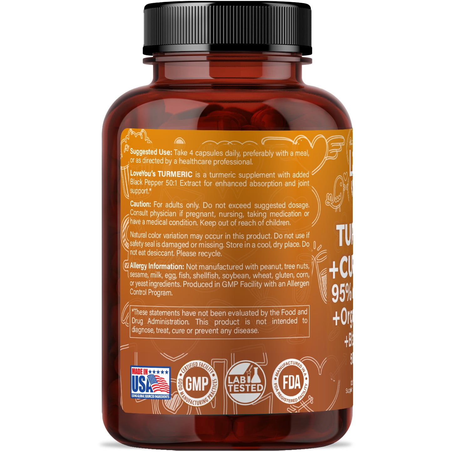 Love You Turmeric 1800 mg + 95% Curcuminoids 500 mg + Organic Ginger 120 Veggie Caps