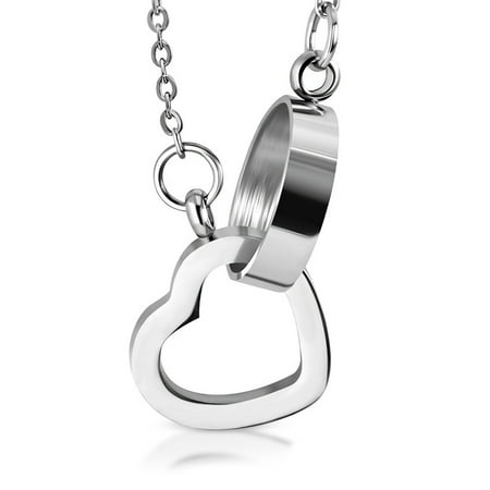 - Stainless Steel Interlocking Open Cut-Out Love Heart Promise Ring Charm Link Chain Necklace Pendant