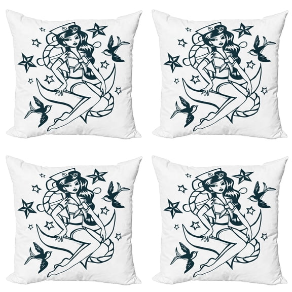 Ambesonne Anchor Throw Pillow Cover 4 Pack, Pin-up Girl Sailor Suit, 18", Teal and White