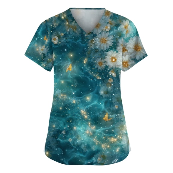 Flowers Printed Scrubs For Women V-Neck Medical Scrubs Short Sleeve Stretch Nurse Work Uniform Shirts Fashion Scrub Top With Pocket Army Green L