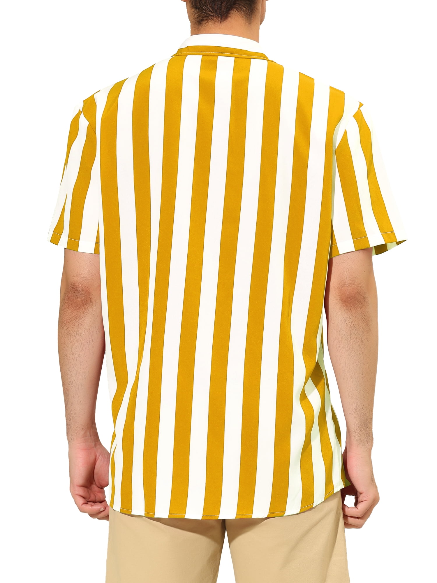Unique Bargains Men's Short Sleeved Color Block Button Down Beach Stripe Shirt M Yellow