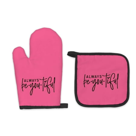 

FIicy Inspirational Hot Pink Oven Mitts and Pot Sets Hot Pink Preppy Kitchen Accessories Sets Motivational Always Be YouTiful Heat Resistant Oven Glove Potholders for Kitchen Cooking Baking C49