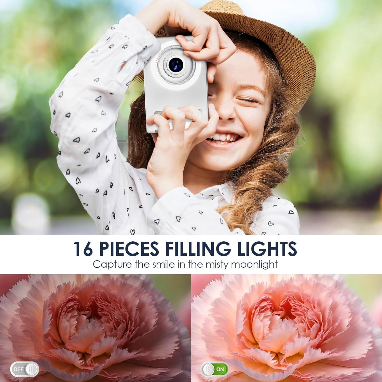 Digital Camera Kids Camera FHD 1080P 50MP Vintage Camera with 8X Zoom Anti Shake Portable Digital Cameras for Kids Teens Seniors Gift with 32GB Card White