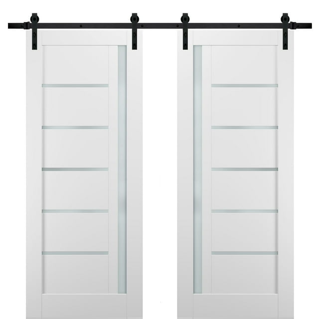 Sliding Double Barn Doors 36 x 80 with Hardware | Quadro 4088 White Silk with Frosted Opaque Glass | Top Mount 13FT Rail Sturdy Set | Kitchen Lite Wooden Solid Panel Interior Bedroom Bathroom Door