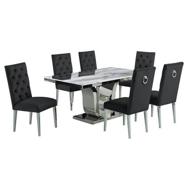 White Marble 7 piece Dining Set with Silver Stainless Steel Base