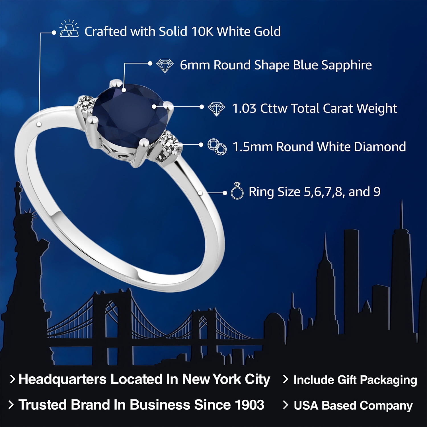 Gem Stone King 10K White Gold Blue Sapphire and White Diamond Solitaire Engagement Ring for Women (1.03 Cttw, Round 6MM, Gemstone September Birthstone, Size 9)
