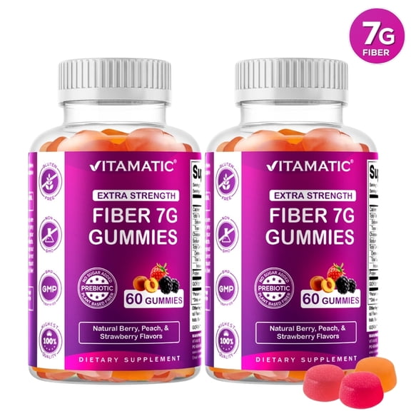 Vitamatic | 2 Pack Prebiotic Fiber Gummies for Adults - 7G Fiber Extra Strength - Zero Sugar Added - 60 Pectin Based Gummies - Digestive Health & Regularity Support