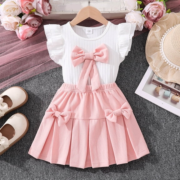 SONGGE Girls Summer Outfit Sets Fashion Bow Short Sleeve Tops With Skirt Two Piece Toddler Kids Cartoon Relaxed Fit Clothes Sets