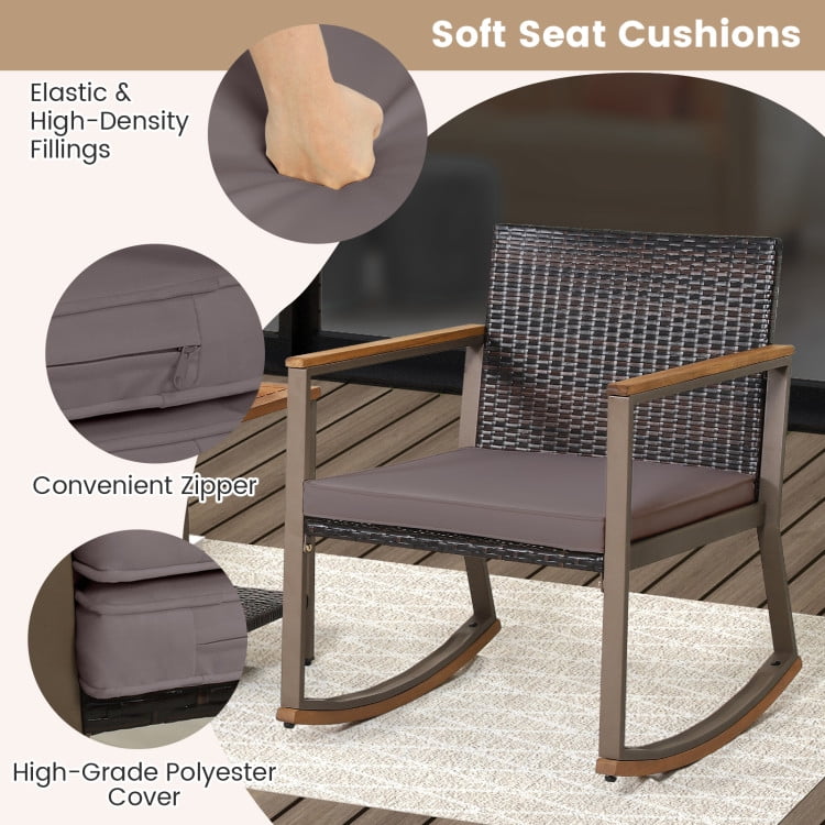 Aimee Lii 3 Pieces Rattan Rocking Bistro Set with Coffee Table and Cushions, Patio Table and Chairs Set, Outdoor Patio Set, Gray
