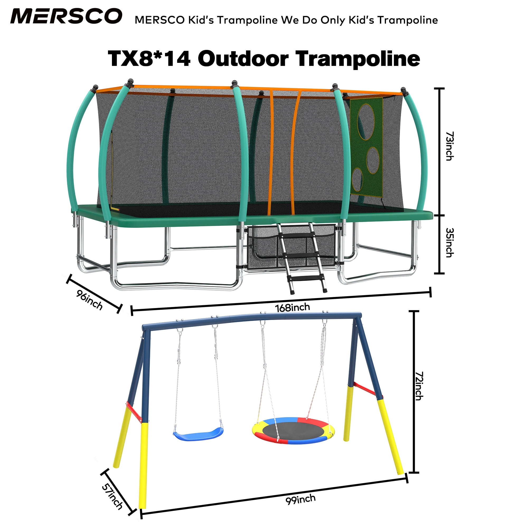 Mersco 8x14FT 4-in-1 Trampoline with Swing Set , Enclosure Net, Recreational Trampoline, Outdoor Kids Trampoline for Backyard, Beach, Birthday Gifts,Green