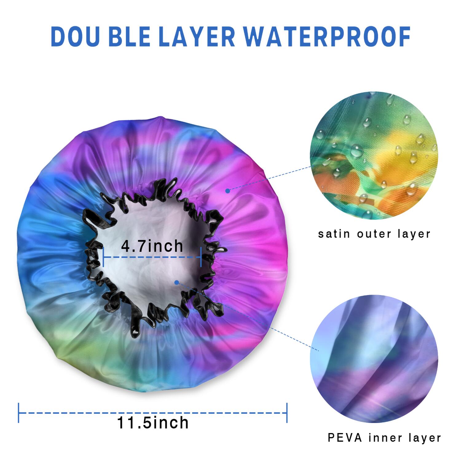 Shower Caps,Colorful Tie Dye Pattern Waterproof Shower Cap for Women 4 Pieces,Double Reusable Hair Cover for Shower PEVA Elastic Stretch Hem
