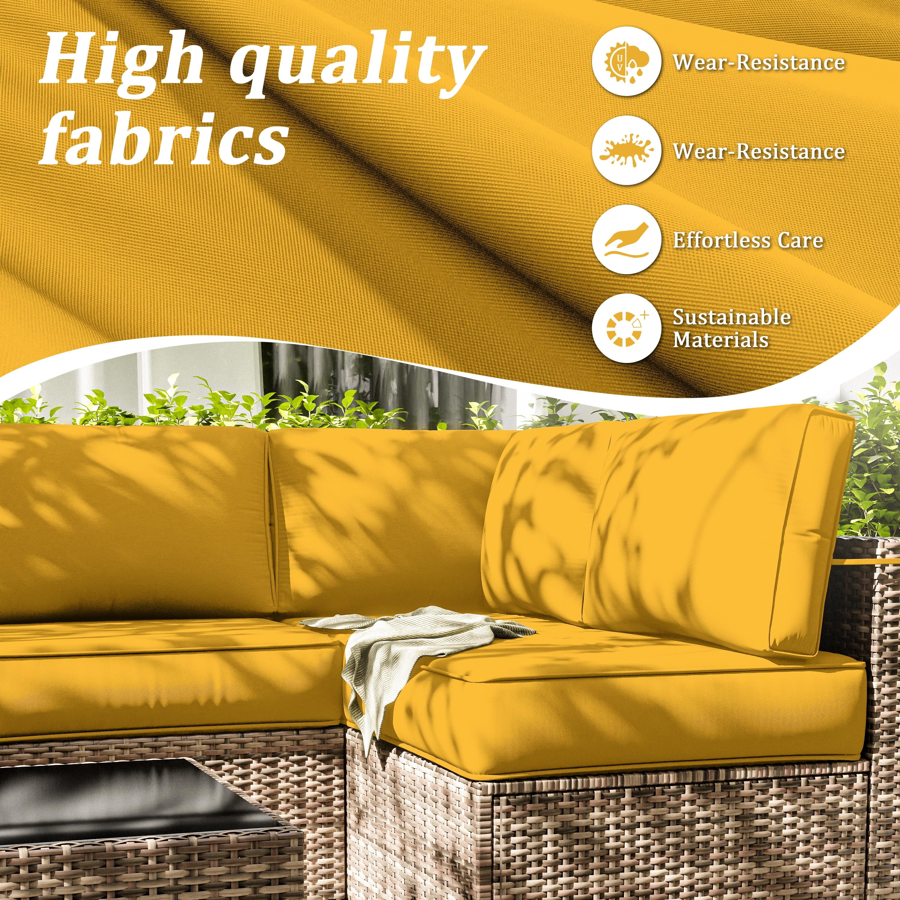 Pakunoda 14 Pieces Outdoor Replacement Cushions, 5” High-Density Foam Sectional Cushions Couch, 6 Seat Patio Conversation Sets for Rattan Wicker, Liner&Cover, Yellow