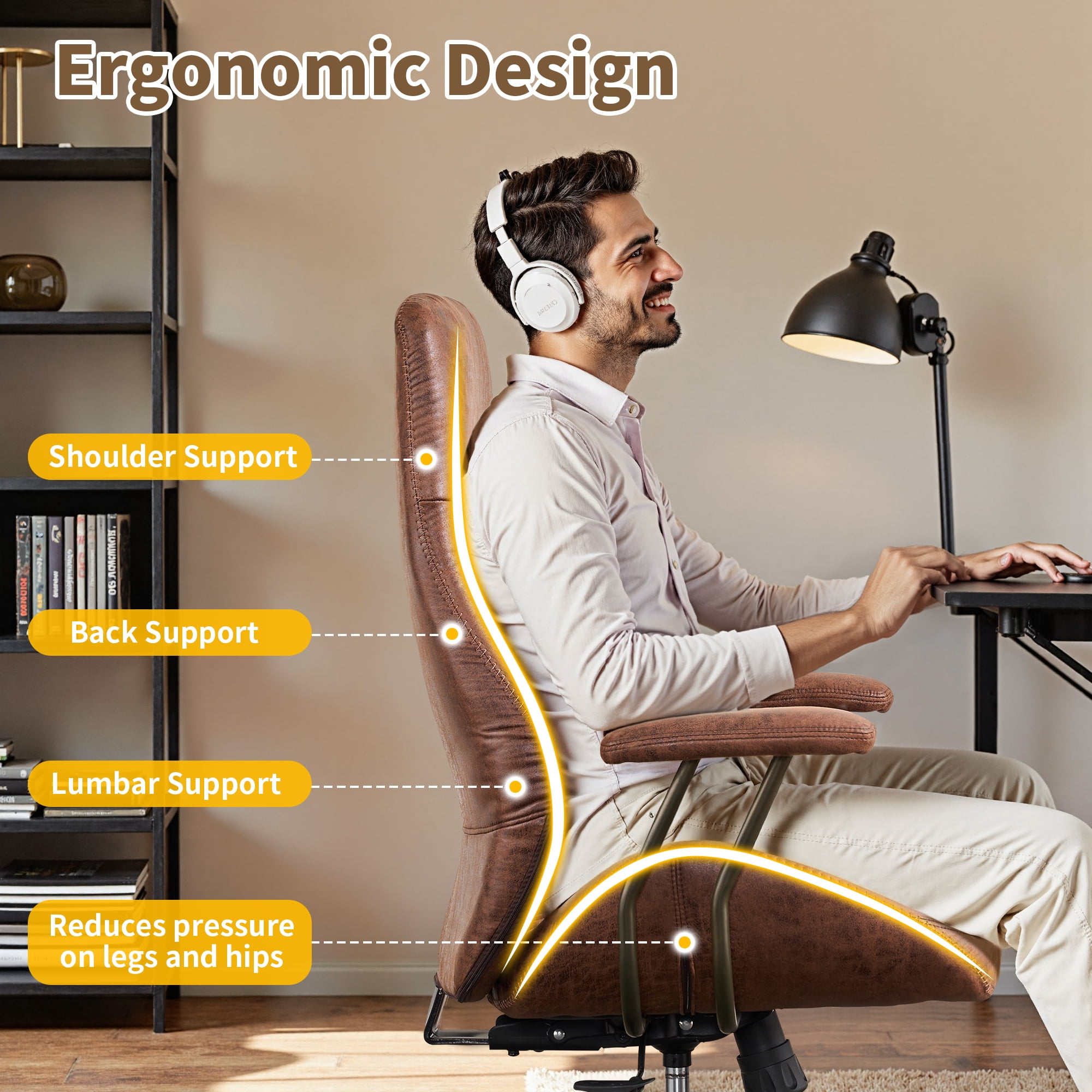 Toject Ergonomic Office Chair, High Back Comfy Home Office Chair with Lumbar Support, Mid-Century Modern Computer Executive Desk Chair with Padded Armrests (Suede Leather, Dark Brown)