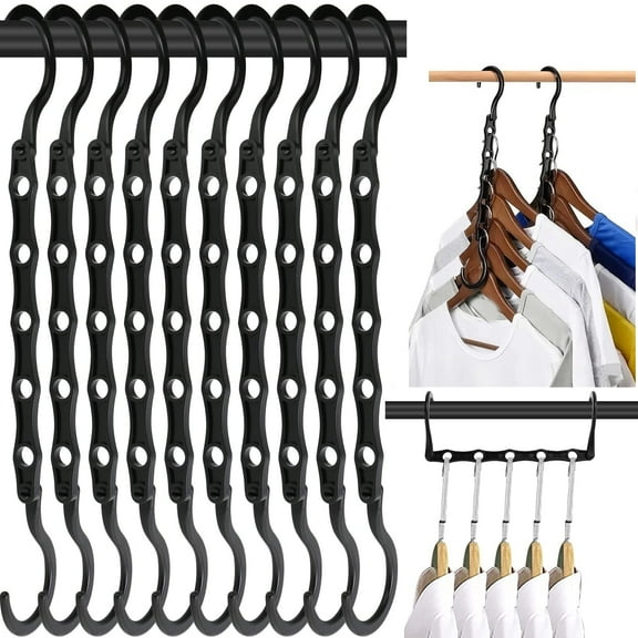Plastic Clothes Hangers with Non-Slip Grooves - Heavy Duty Space Saving Hangers for Closet Organization, 10-Pack, Black