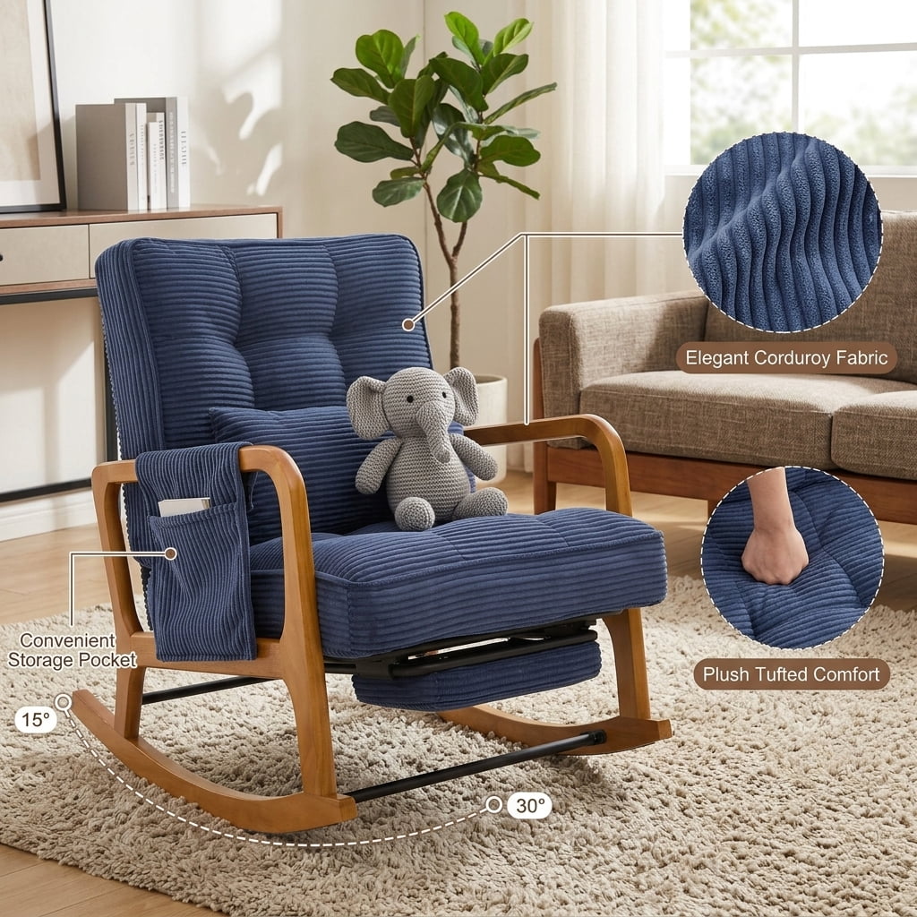 MOONMISS Rocking Chair with Footrest,Rocker Nursery Chair with Side Pocket,Glider Rocker,Accent Reading Chair for Living Room,Navy Blue