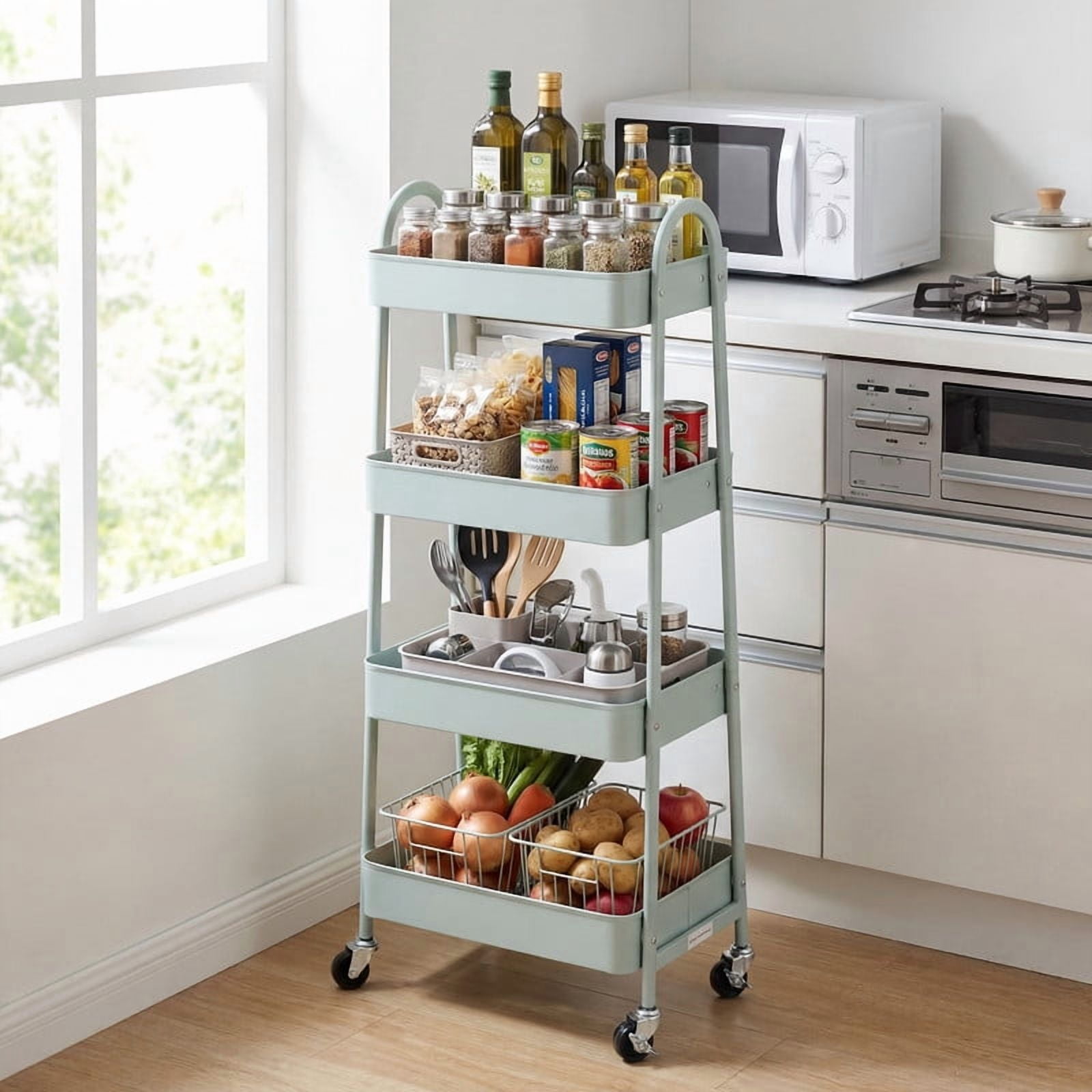 Gianna Utility Cart, Metal, 3‑Tier, Lockable Caster Wheels , 360° Rolling, Green