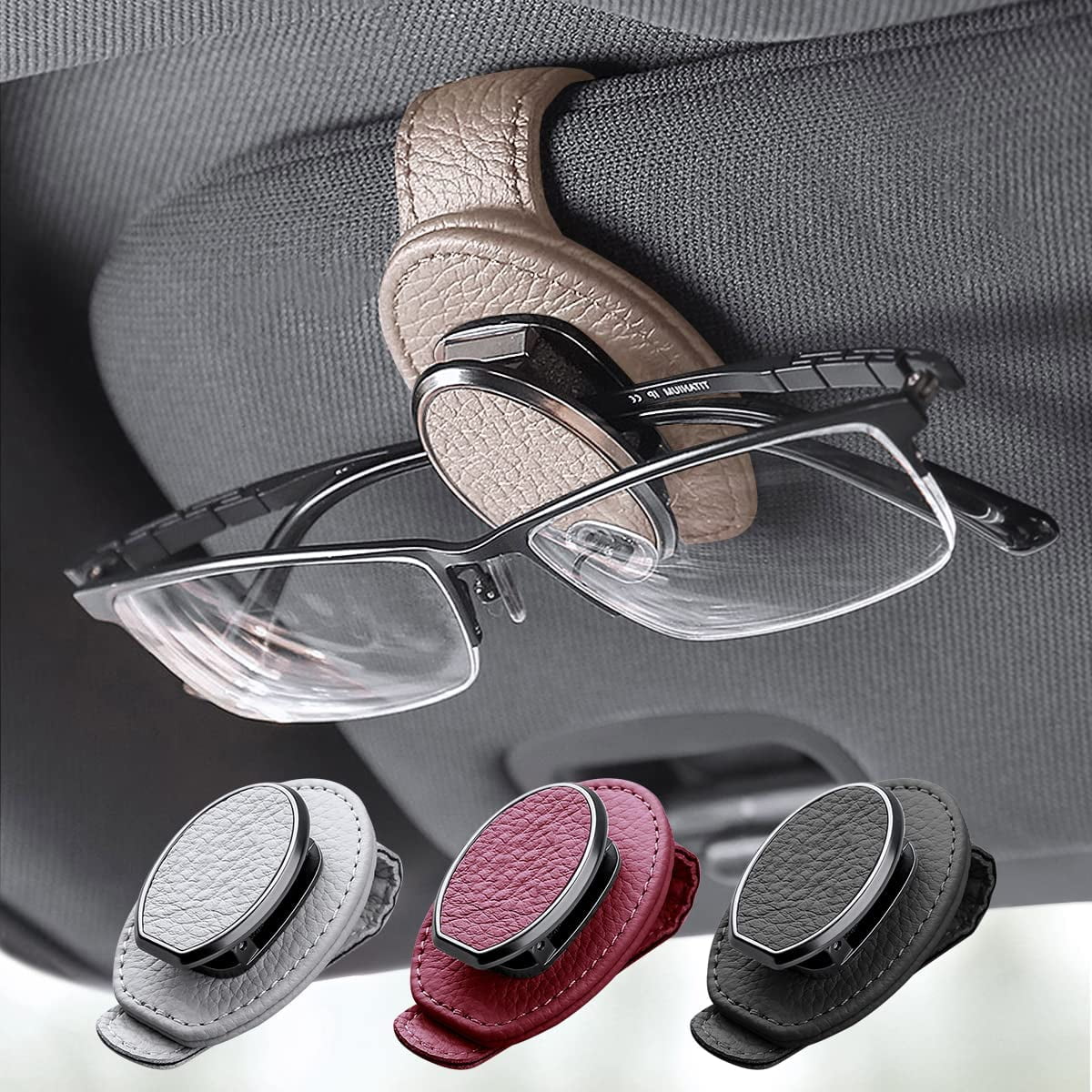 DEFNES Sunglasses Holders for Car Sun Visor, Leather Glasses Eyeglass Hanger Clip for Car