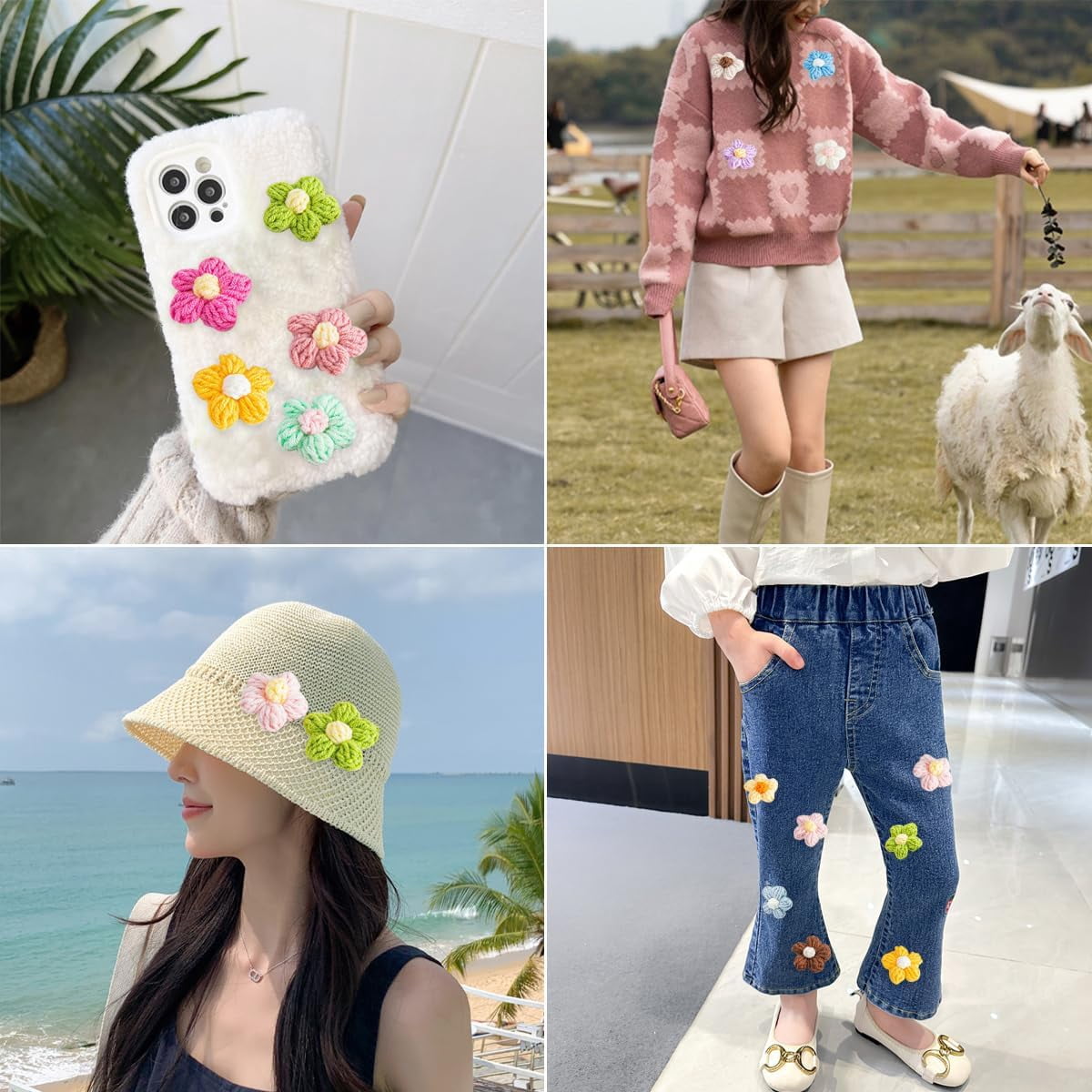ABPETE 100Pcs Crochet Flowers Puff Flowers Knitted Yarn Flowers Handmade Crochet Flowers for Crafts Embellishments DIY Hair Headbands Hats Clothing Accessories