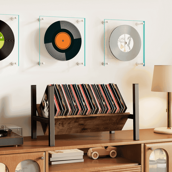 RTVR Vinyl Record Storage Stand Holder 100 Album Capacity Black Metal with Wooden Divider CD Display Rack Book Organizer