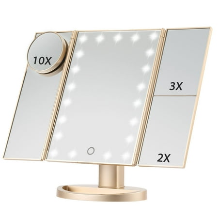 Led Lighted Makeup Mirror, Magicfly 10X 3X 2X 1X Magnifying Mirror 21 LED Tri-Fold Vanity Mirror with Touch Screen (Best Lighted Magnifying Makeup Mirror)