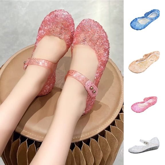 SGFCWSX Girls Mary Jane Shoes Glitter Jelly Hollow Out Closed Toe Flat Soft Sole Princess Dress Shoes for Party Daily Wear Pink Size 11 Little Kids